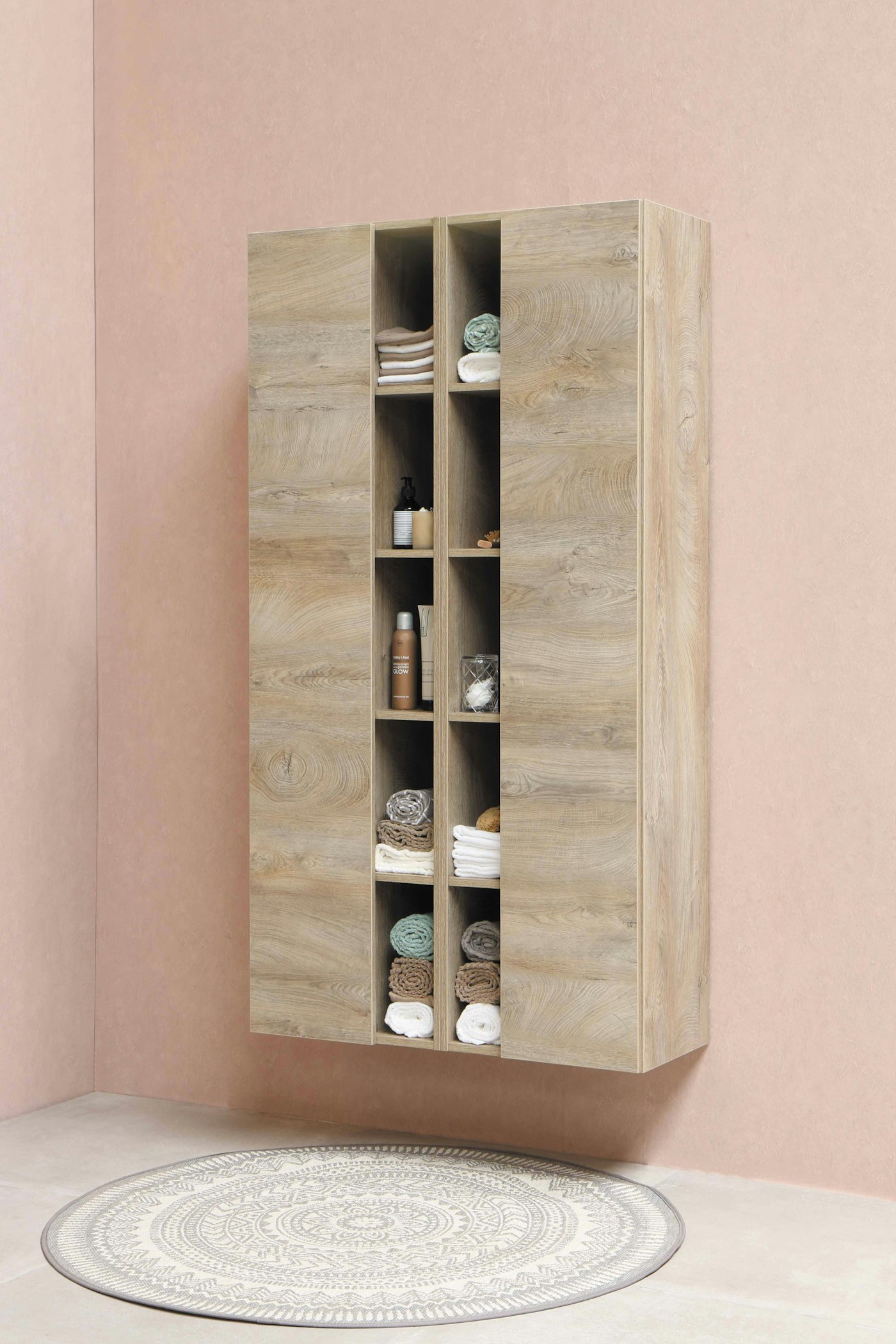 Wall-hung oak cabinet with open and closed storage bays