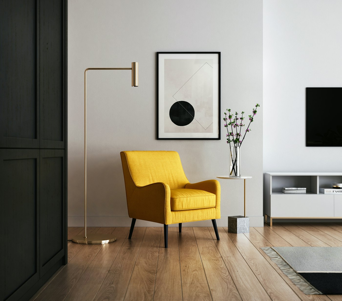 Dark panelled door beside an oak plank floor and brass floor lamp