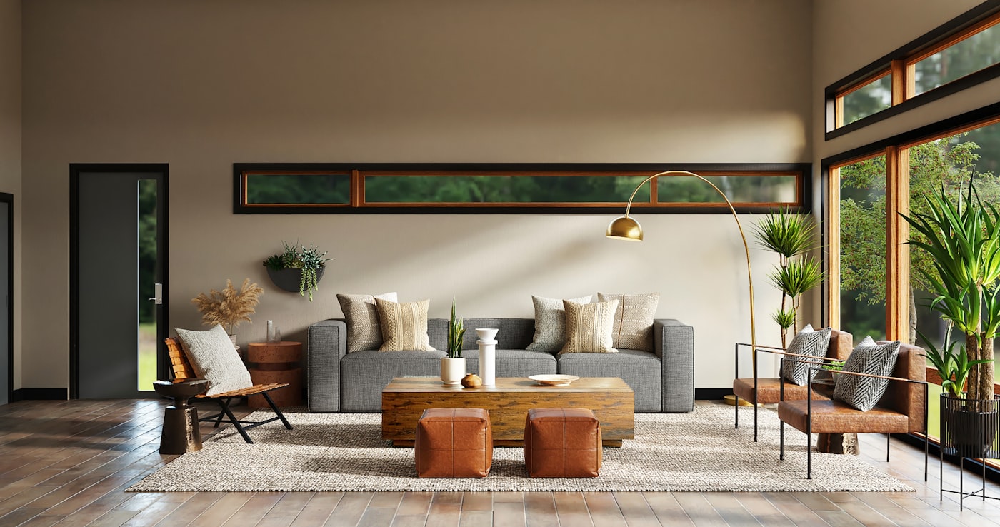 Living room with a long timber-framed window and warm wood flooring